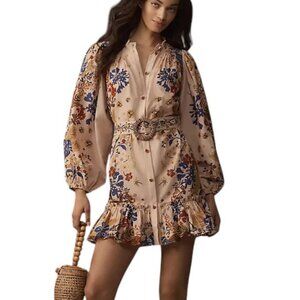 Farm Rio Beauty Bouquet Puff-Sleeve Mini Shirt Dress, Floral, Belted, Whimsy, L